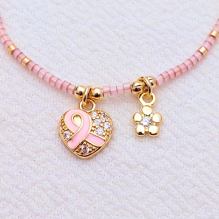 Pulsera Corazon con Listón Rosa y Flor 1