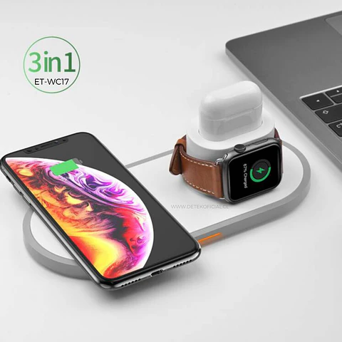 Cargador Inalambrico 3 en 1 Evotec 10w -  Celular, audifonos y Smart Watch 
