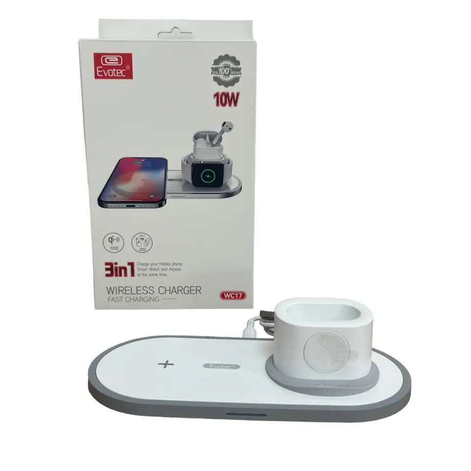 Cargador Inalambrico 3 en 1 Evotec 10w -  Celular, audifonos y Smart Watch  2