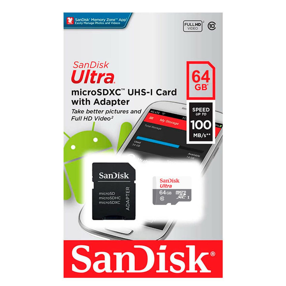 Tarjeta Memoria 64gb Sandisk Micro Sd Clase 10 + Adaptador