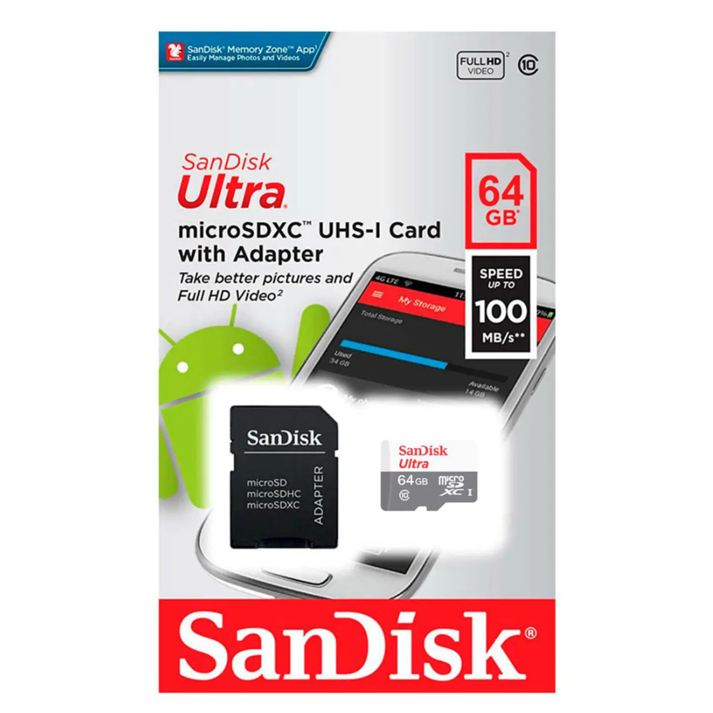 Tarjeta Memoria 64gb Sandisk Micro Sd Clase 10 + Adaptador 4