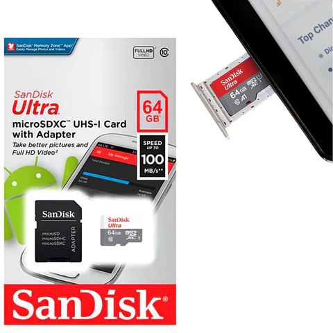 Tarjeta Memoria 64gb Sandisk Micro Sd Clase 10 + Adaptador