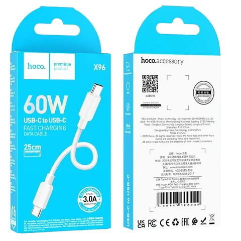 Cable Hoco X96 de 60W Tipo C a Tipo C 25cm