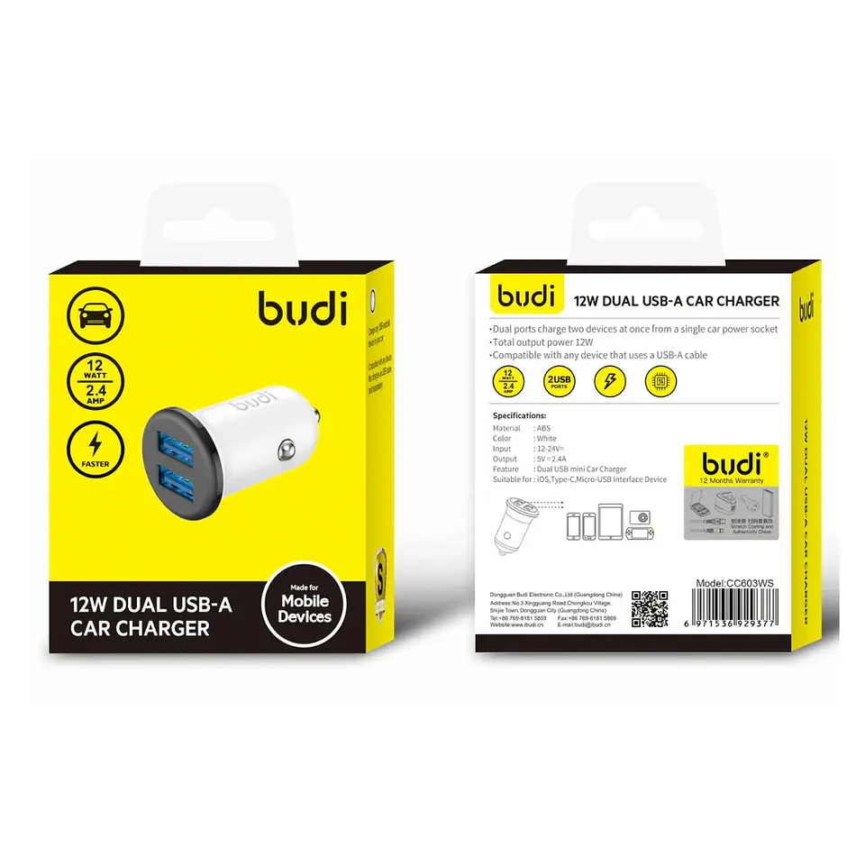 Cargador Auto Budi 12W Dual USB  1