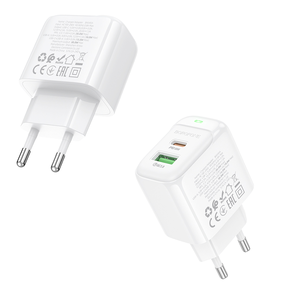 Cargador de Pared Doble Puerto USB-USB C 30W Sin Cable Borofone