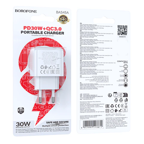 Cargador de Pared Doble Puerto USB-USB C 30W Sin Cable Borofone