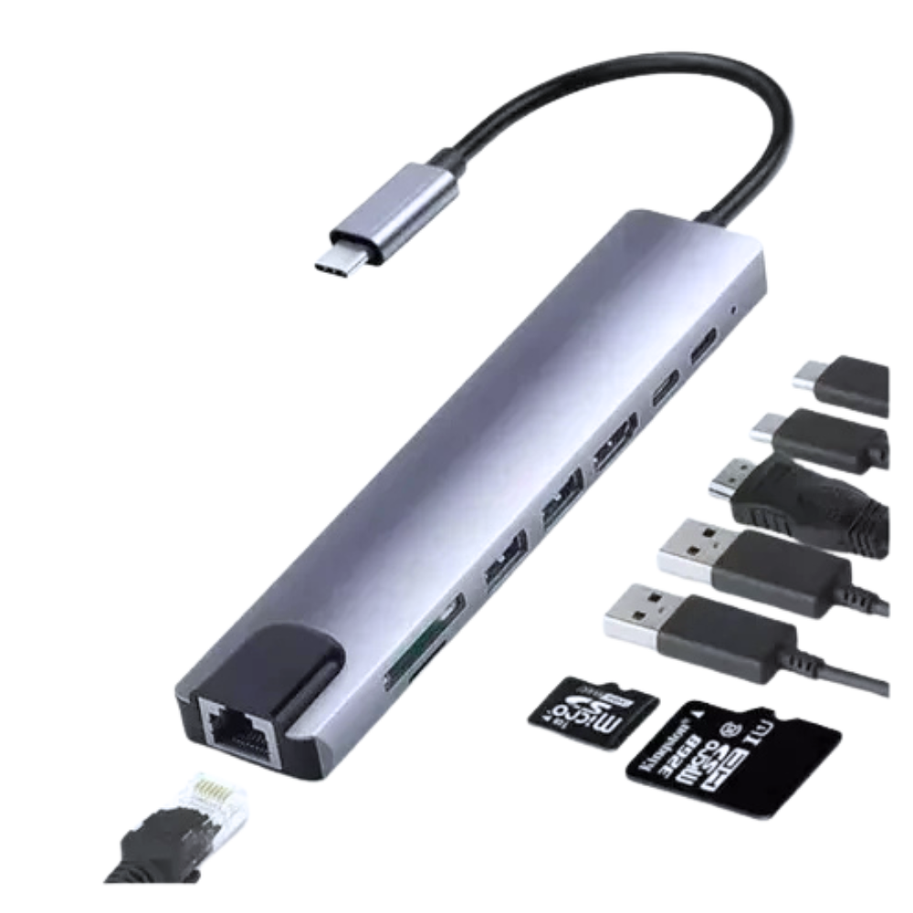 Adaptador Tipo C Multipuertos 8 en 1 para Notebook / Macbook / iPad /, Otros. 