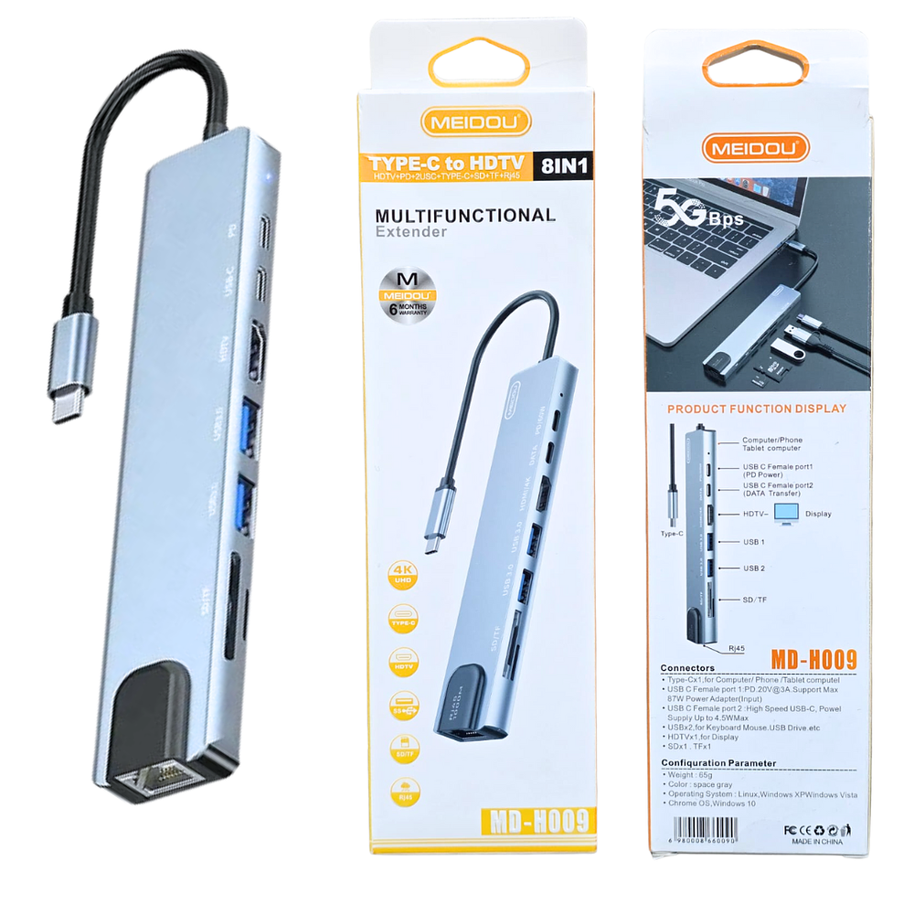 Adaptador Tipo C Multipuertos 8 en 1 para Notebook / Macbook / iPad /, Otros. 