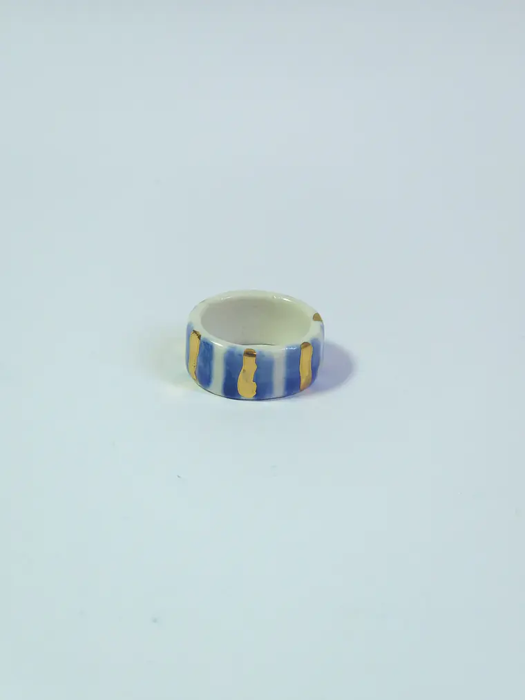 Anillo porcelana rayas azules y doradas talla 15 1