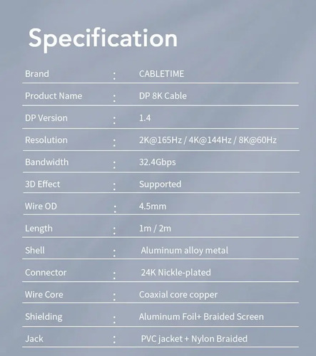 Cable Displayport 1.4v 1m 8k Cabletime Premium 4k 2k | Dfast 10
