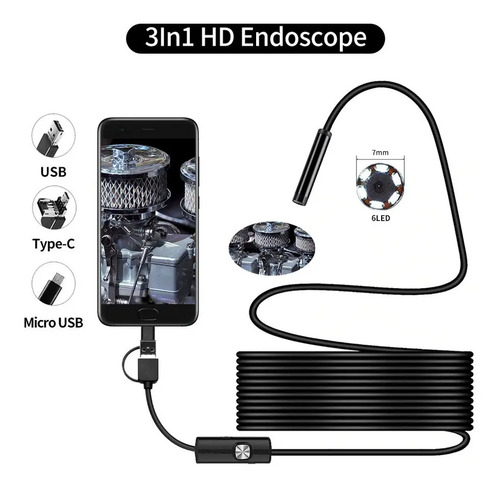 Cámara Endoscópica 2m Micro Usb Tipo C Android Cable Rigido 3