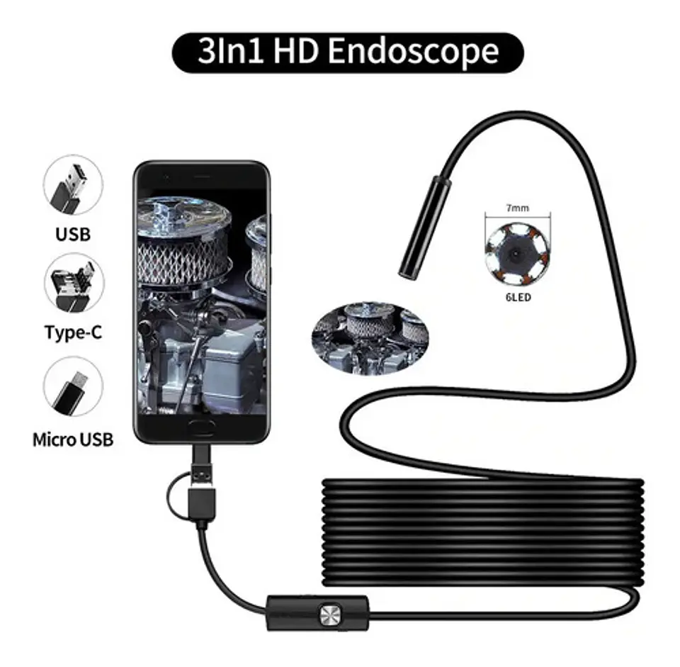 Cámara Endoscópica 2m Micro Usb Tipo C Android Cable Rigido 3