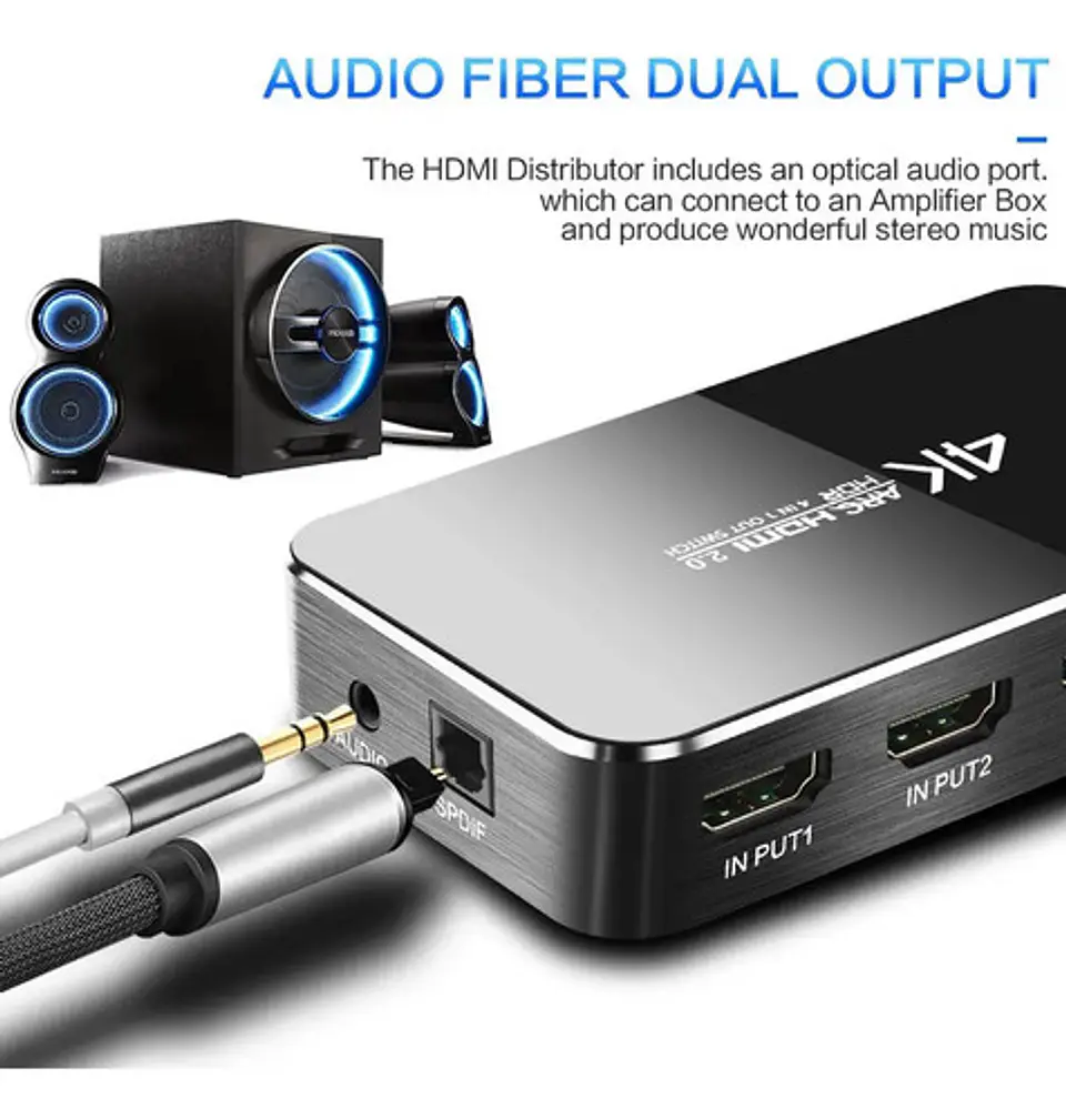 Switch HDMI 2.0 4x1 4k con Extractor de Audio ARC HDR UHD 5
