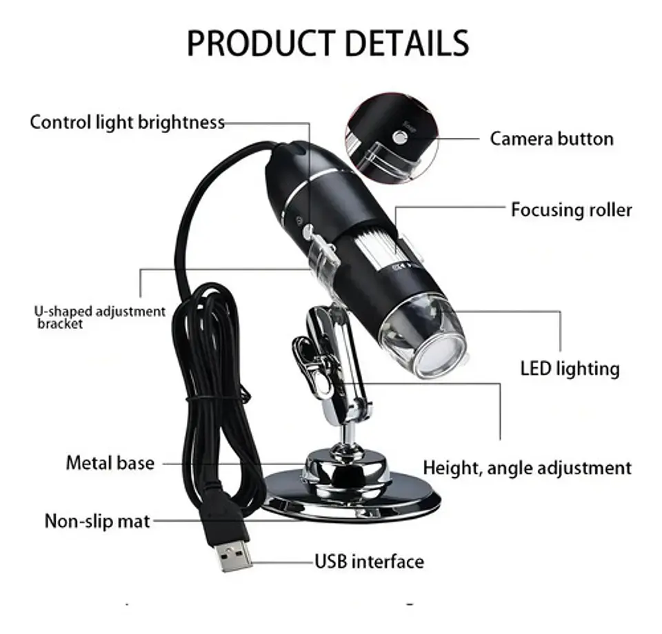 Microscopio Digital USB 1600x 8 Leds PC 10