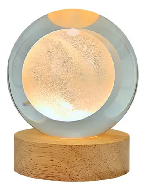 Lámpara Led Bola Cristal 8cm Grabado 3d Luna Luz Cálida
