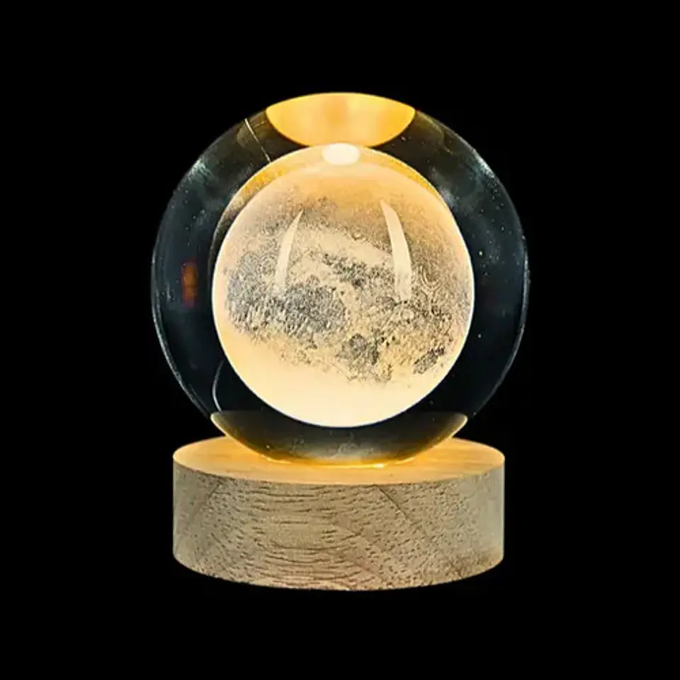 Lámpara Led Bola Cristal 8cm Grabado 3d Luna Luz Cálida 5