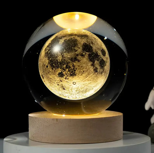 Lámpara Led Bola Cristal 8cm Grabado 3d Luna Luz Cálida 6