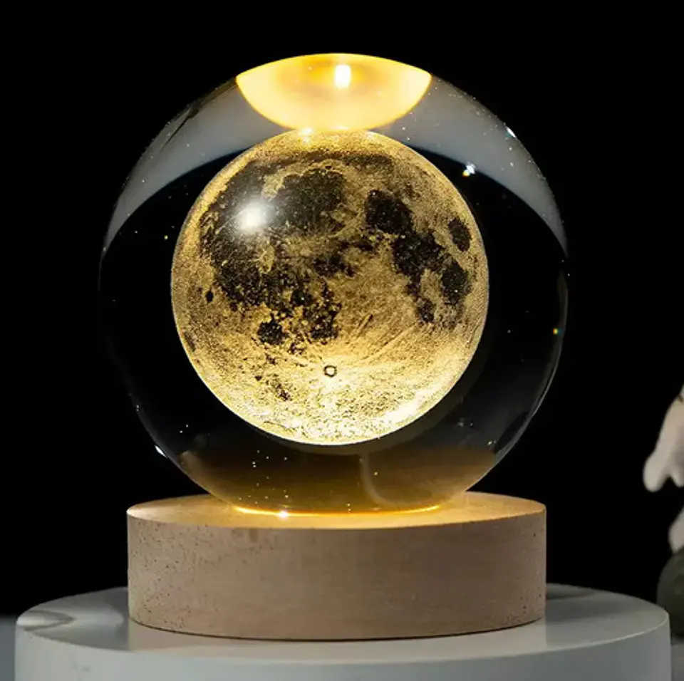 Lámpara Led Bola Cristal 8cm Grabado 3d Luna Luz Cálida 6