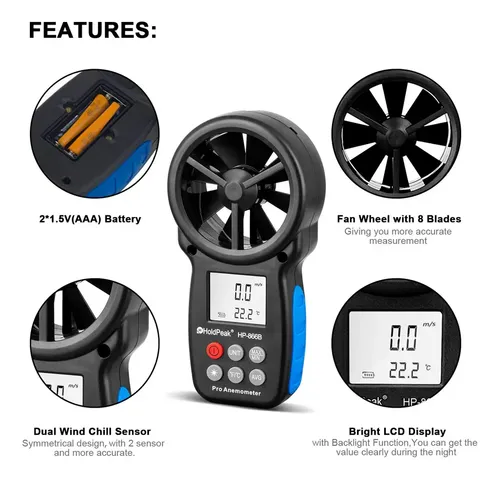 Anemómetro Medidor Velocidad Del Viento Holdpeak Hp-866b Pro 5