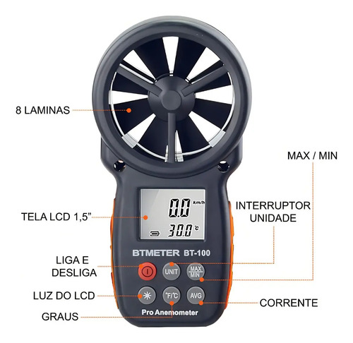 Anemómetro Y Termómetro Pro Bt-100 Medidor Velocidad Viento 3