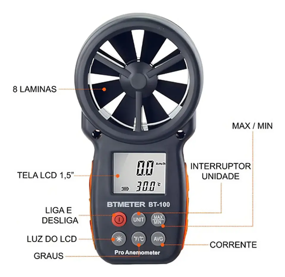 Anemómetro y Termómetro Pro Bt-100 Medidor Velocidad del Viento 3