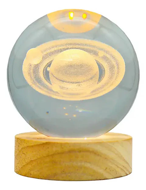 Lámpara Bola Cristal Saturno 8cm Grabado 3d Luz Led Cálida
