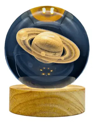Lámpara Bola Cristal Saturno 8cm Grabado 3d Luz Led Cálida 2