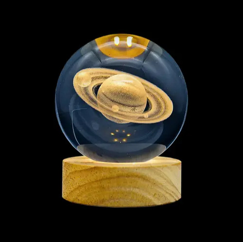 Lámpara Bola Cristal Saturno 8cm Grabado 3d Luz Led Cálida 4