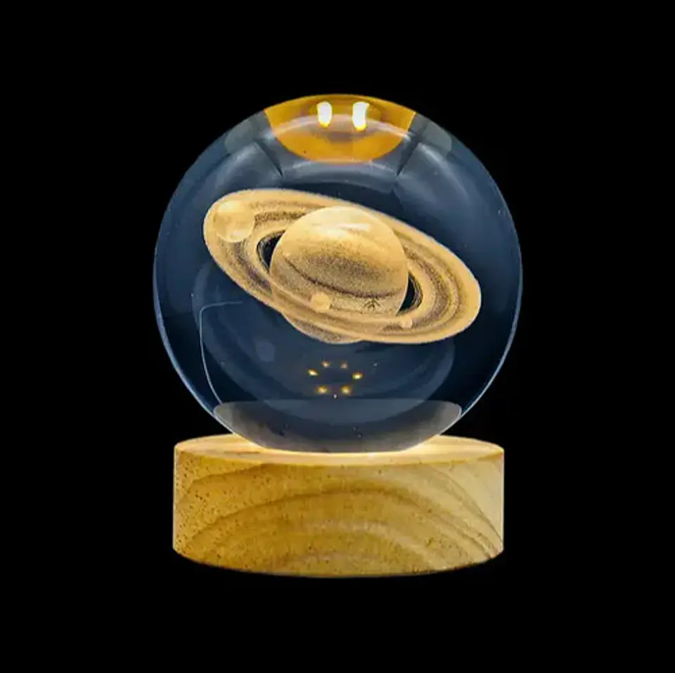 Lámpara Bola Cristal Saturno 8cm Grabado 3d Luz Led Cálida 4