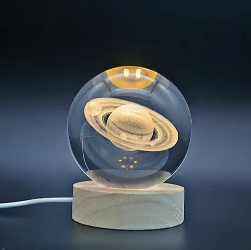 Lámpara Bola Cristal Saturno 8cm Grabado 3d Luz Led Cálida 5