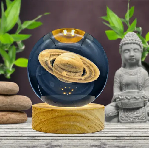 Lámpara Bola Cristal Saturno 8cm Grabado 3d Luz Led Cálida 8