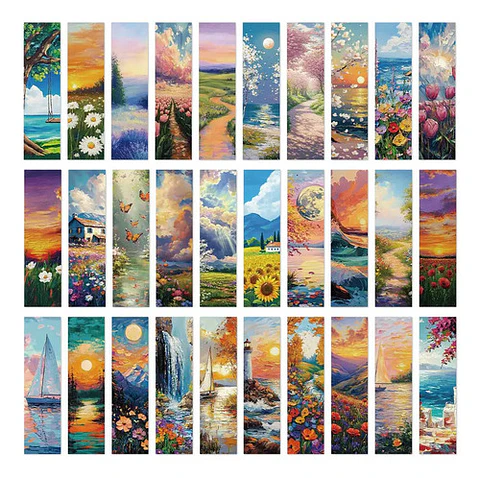 Set 30 Marcador De Página Óleo Flores Puestas De Sol Paisaje