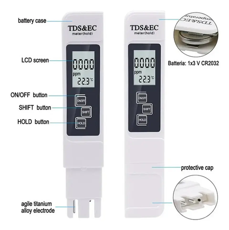 Medidor TDS y EC Conductividad Temperatura Calidad Agua 3 en 1 4