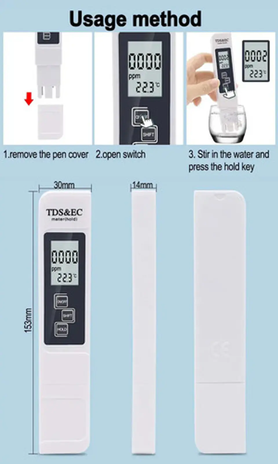 Medidor TDS y EC Conductividad Temperatura Calidad Agua 3 en 1 10