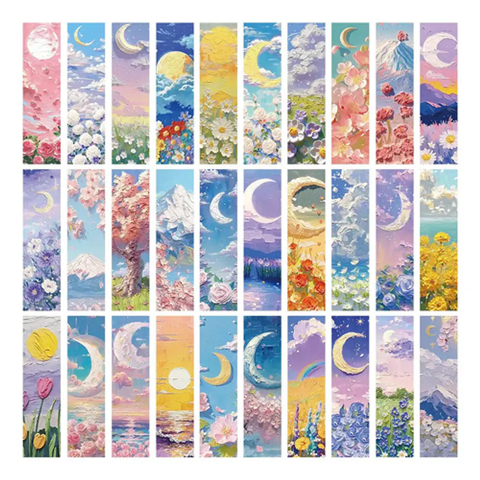 Set 30 Marcador de Página Pinturas Óleo Flores Luna Paisajes 1