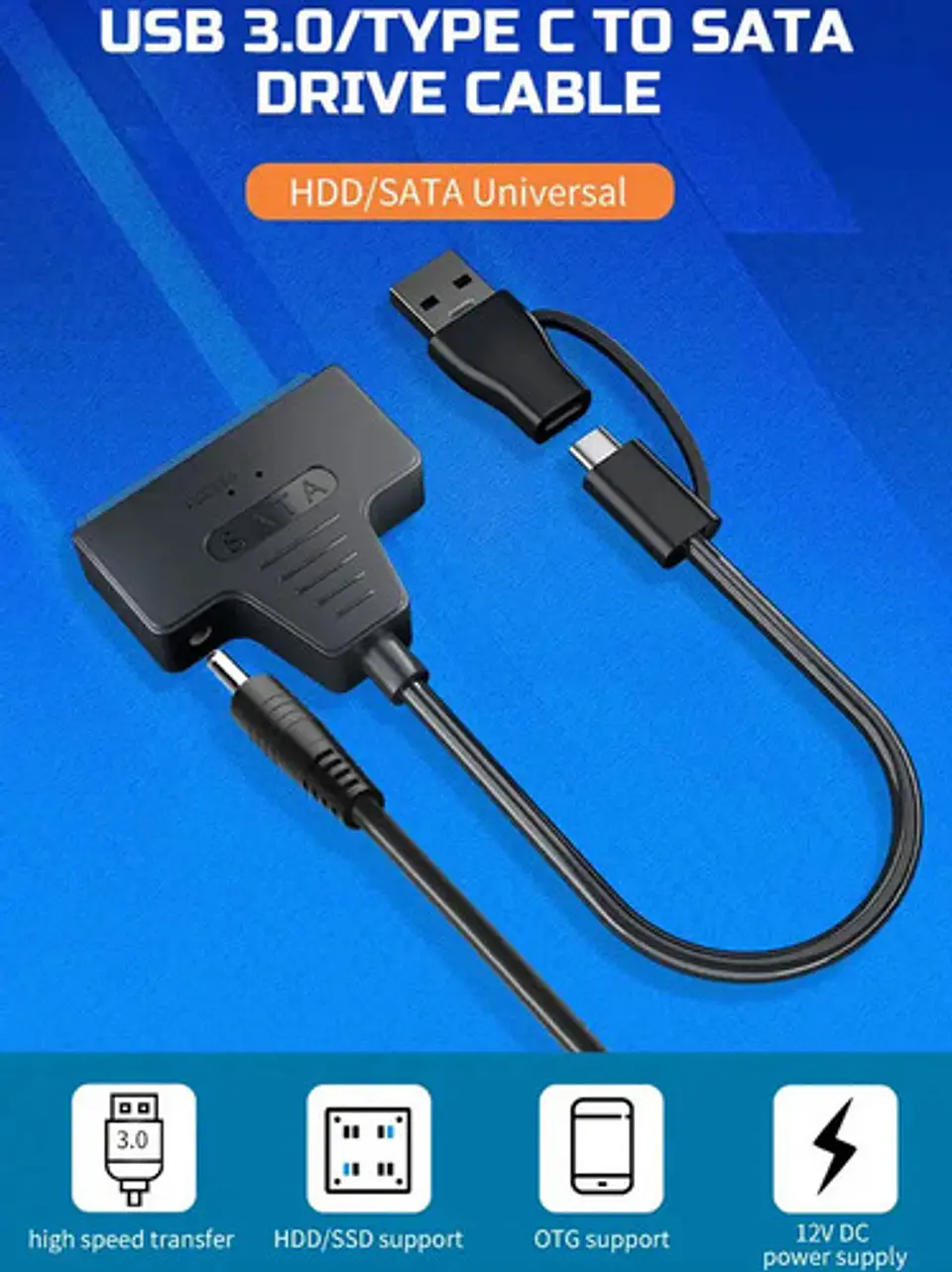 Adaptador USB 3.0 y USB-C a Sata Disco Duro SSD + Fuente 12V 3