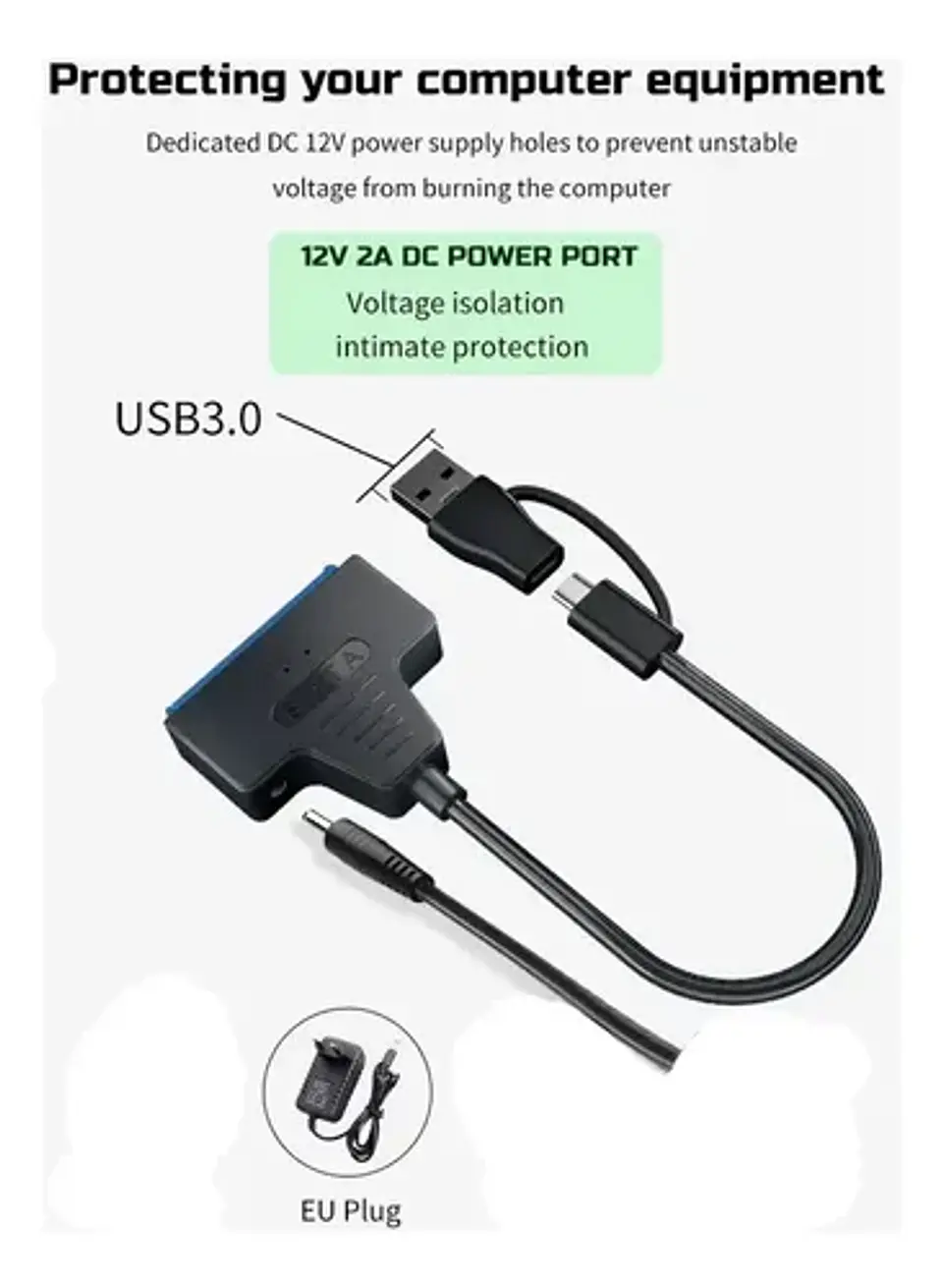 Adaptador USB 3.0 y USB-C a Sata Disco Duro SSD + Fuente 12V 8