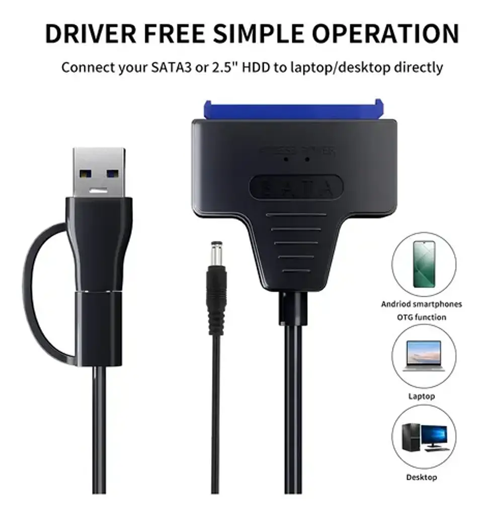 Adaptador USB 3.0 y USB-C a Sata Disco Duro SSD + Fuente 12V 9