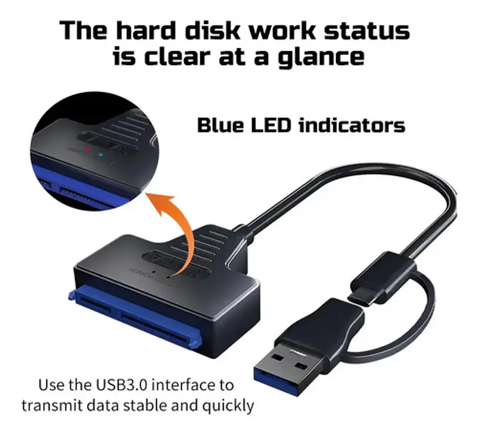 Adaptador USB 3.0 y USB-C a Sata Disco Duro SSD + Fuente 12V 11