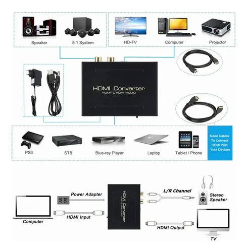 Extractor De Audio Hdmi Digital A Óptico Spdif Y Rca 2.1 5.1 2