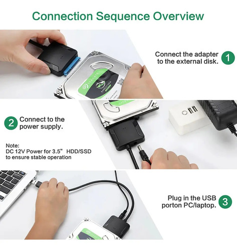 Adaptador Usb 3.0 A Sata Disco Duro Ssd 2.5 Y 3.5 Con Fuente 7