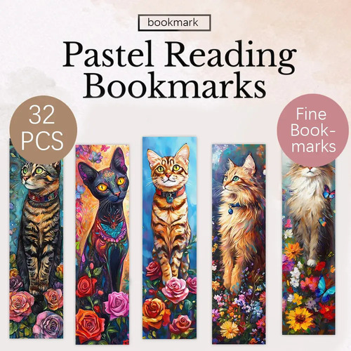 Set 32 Marcador De Página Gatitos Y Flores Doble Impresión 3