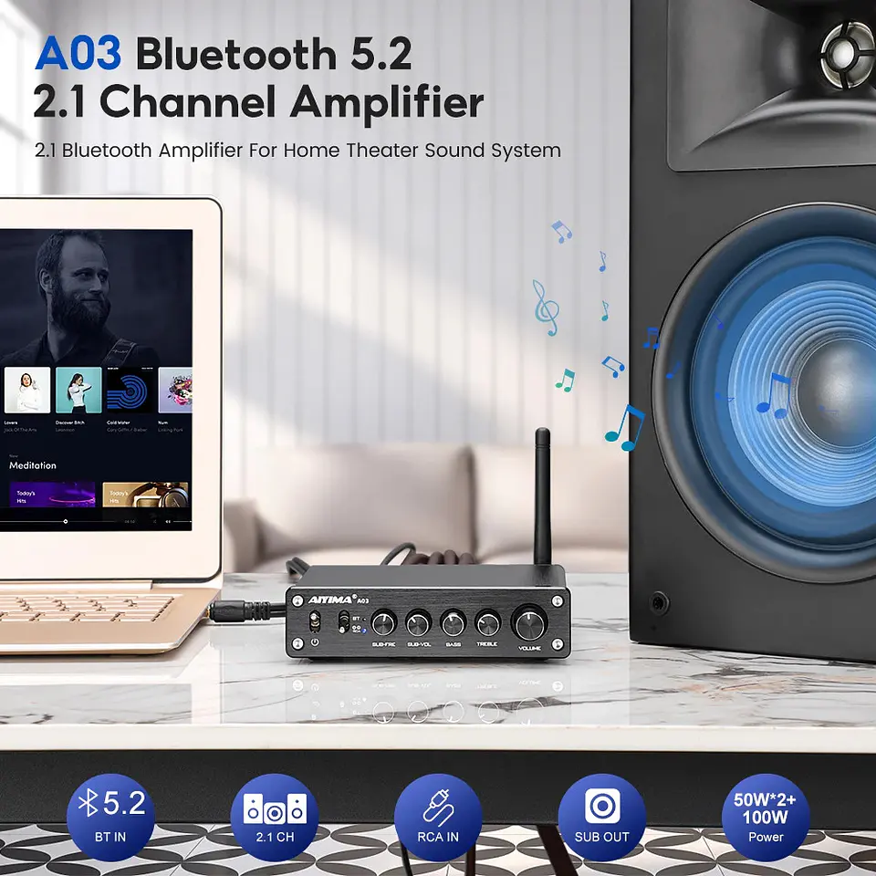 Amplificador de Sonido Aiyima A03 2.1 Bt 50wx2 + 100w Hifi 8