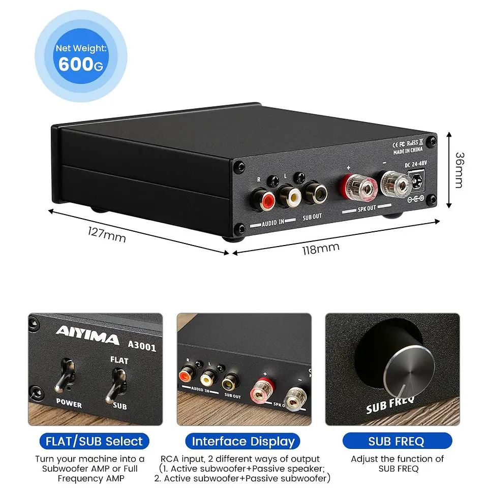 Amplificador Aiyima A3001 para Subwoofer 300W HIFI 6