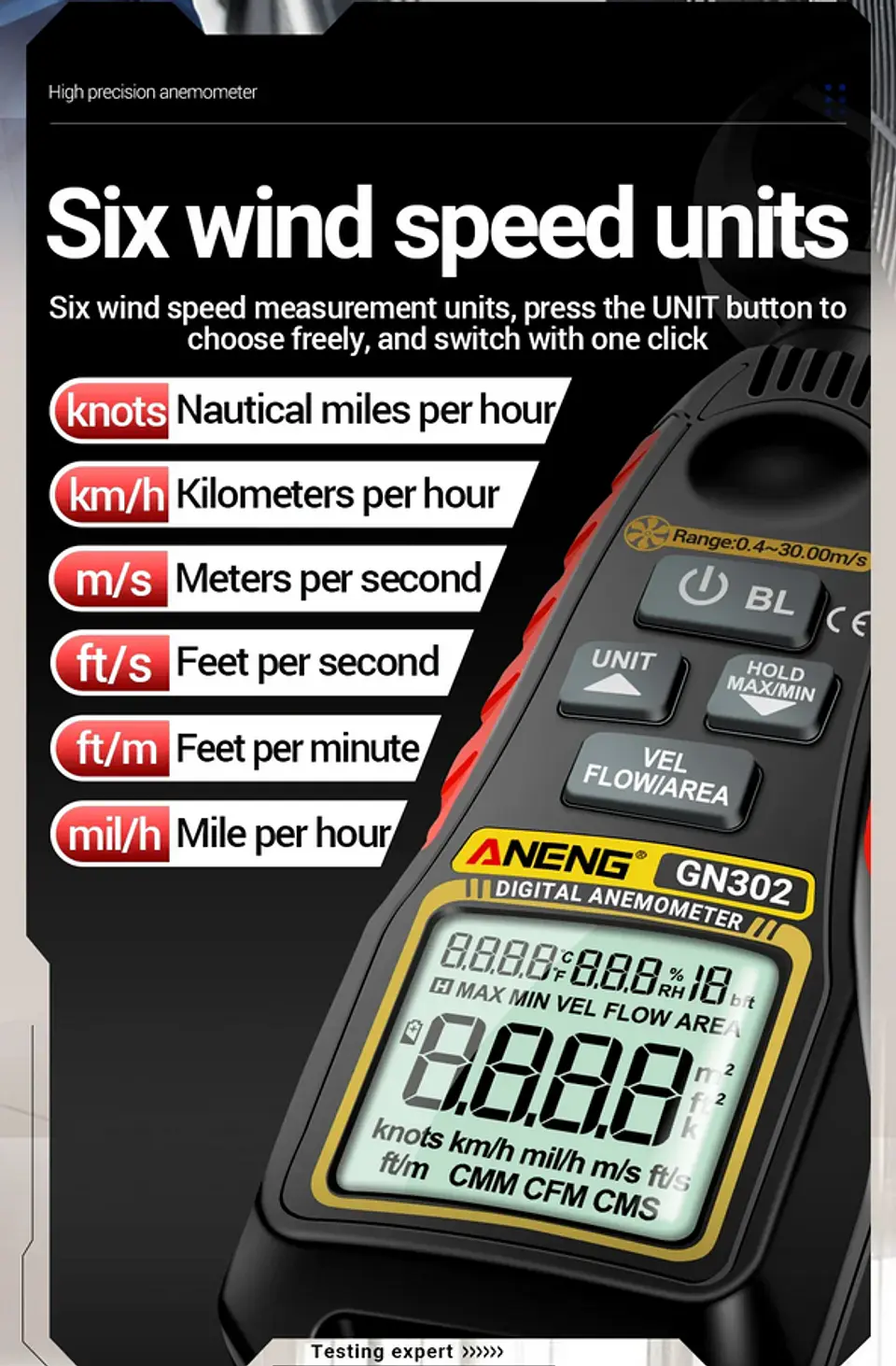Anemómetro y Termómetro Digital ANENG GN302 Velocidad del Viento 5