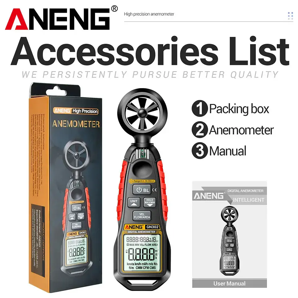 Anemómetro y Termómetro Digital ANENG GN302 Velocidad del Viento 10