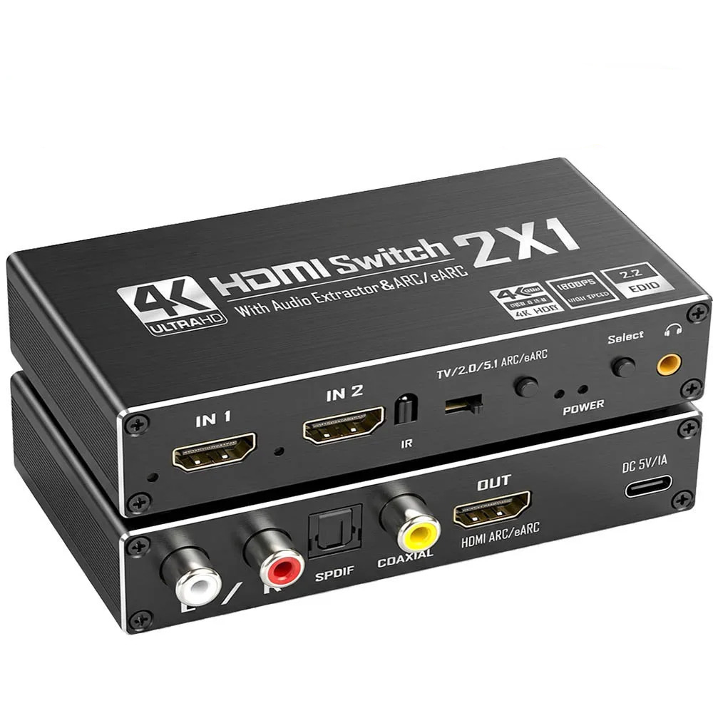 Switch HDMI 2.0 2x1 4K con Extractor de Audio ARC eARC HDR 1
