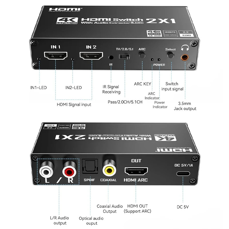 Switch HDMI 2.0 2x1 4K con Extractor de Audio ARC eARC HDR 5