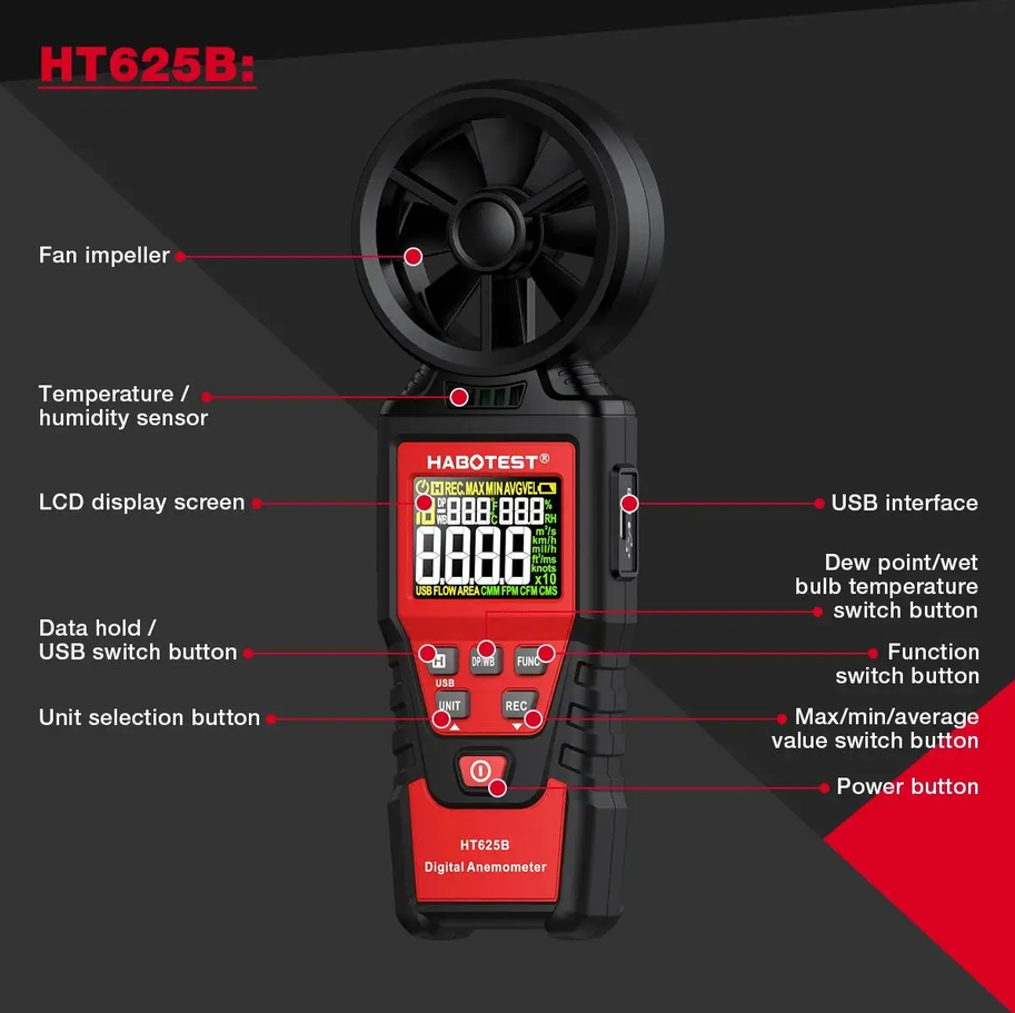 Anemometro HABOTEST HT625B Velocidad del Viento Profesional 4