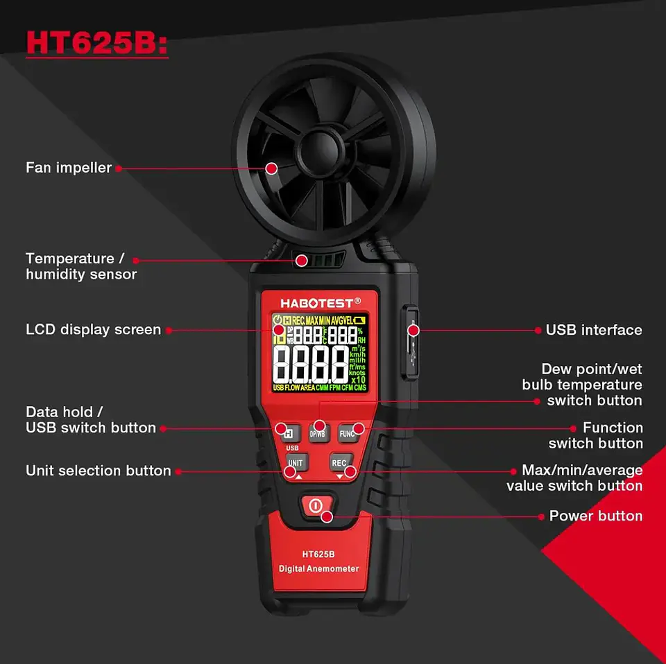 Anemometro HABOTEST HT625B Velocidad del Viento Profesional 4